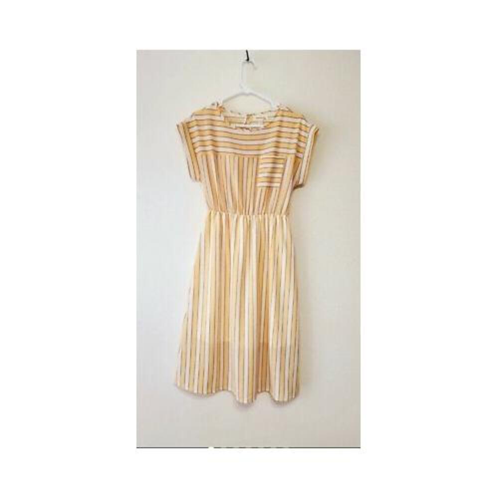 Monteau Los Angeles M Yellow White Striped Midi Dress Short‎ Sleeve Flowy Summer